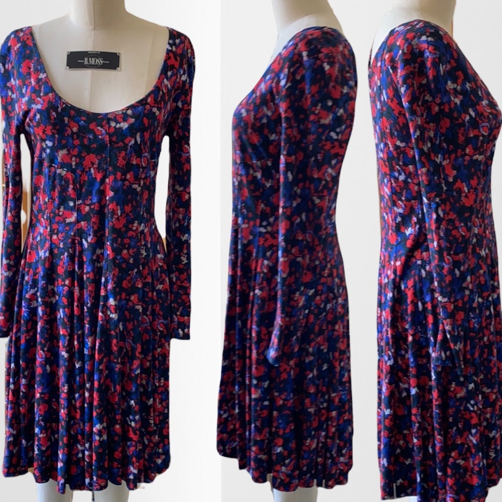Anthropologie Navy Blue Floral Fit-and-Flare Dress with Pink Accents